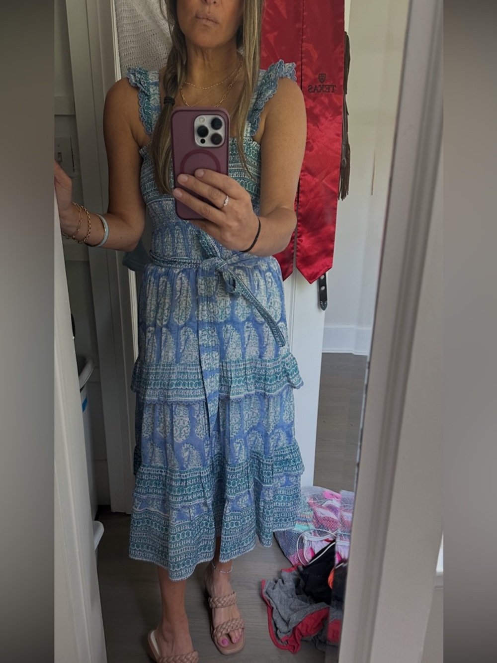 Bell Blue Printed Tiered Midi Dress with Waist Tie